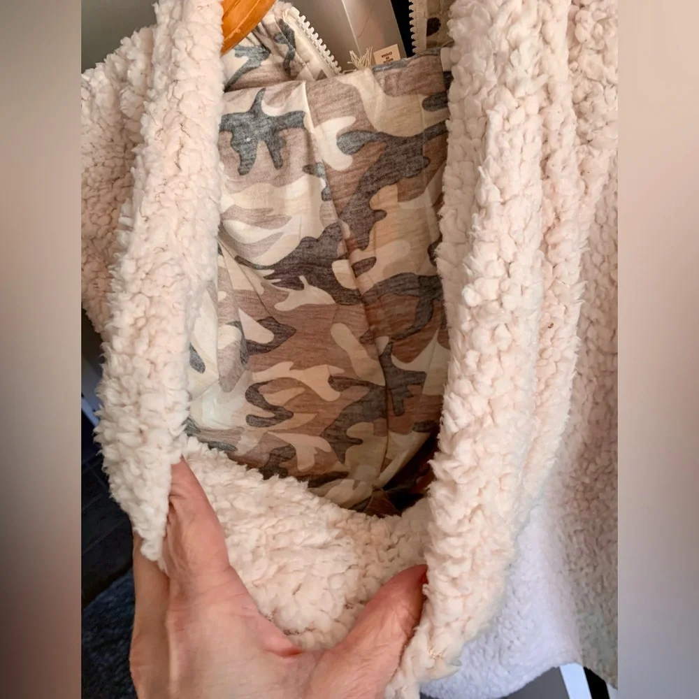 Sherpa Style Zip Hoodie Jacket with Camo Interior from Hem & Thread